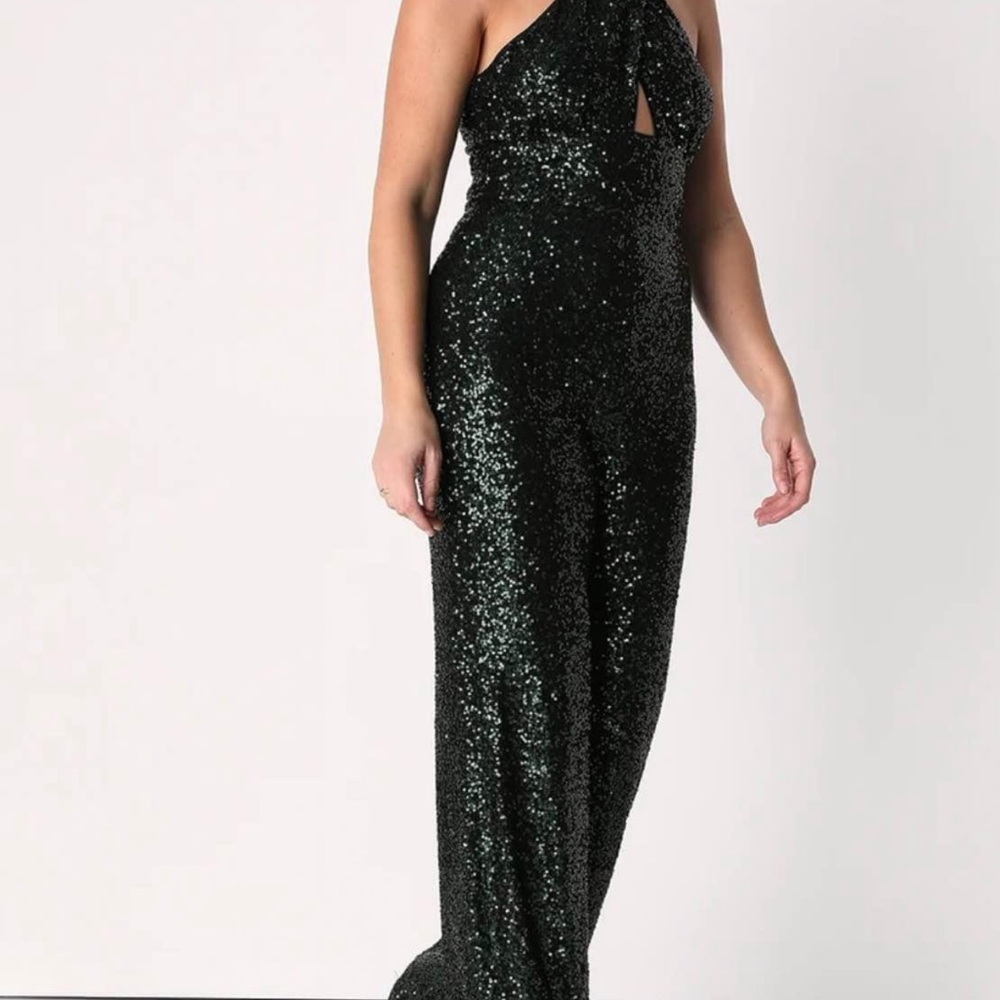 Halter Ego Emerald Green Sequin Cutout Halter Wide-Leg Jumpsuit